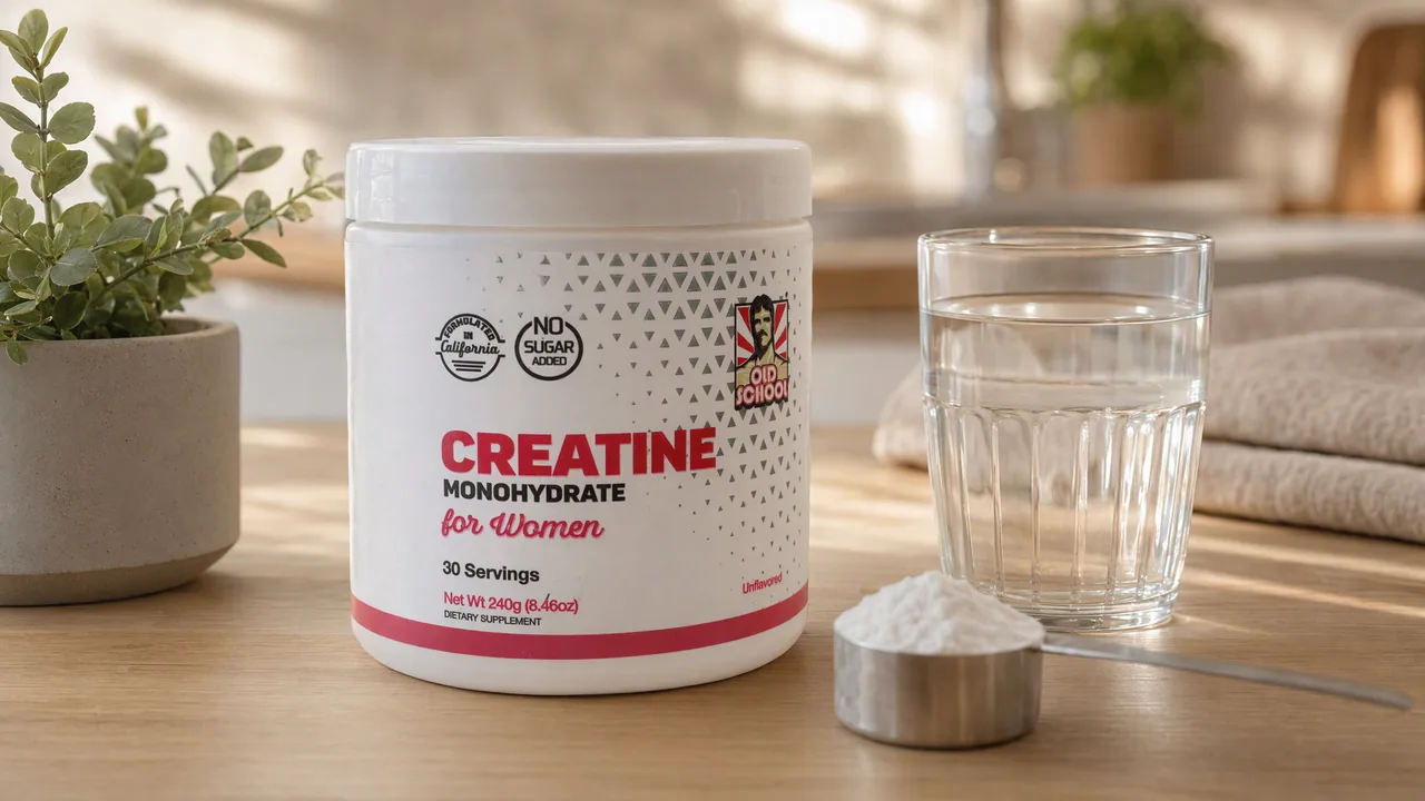 Envase de creatina monohidratada junto a un vaso de agua y un scoop