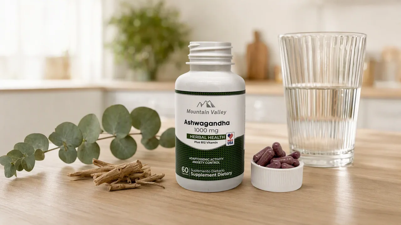 Frasco de ashwagandha con raíces secas y hojas verdes