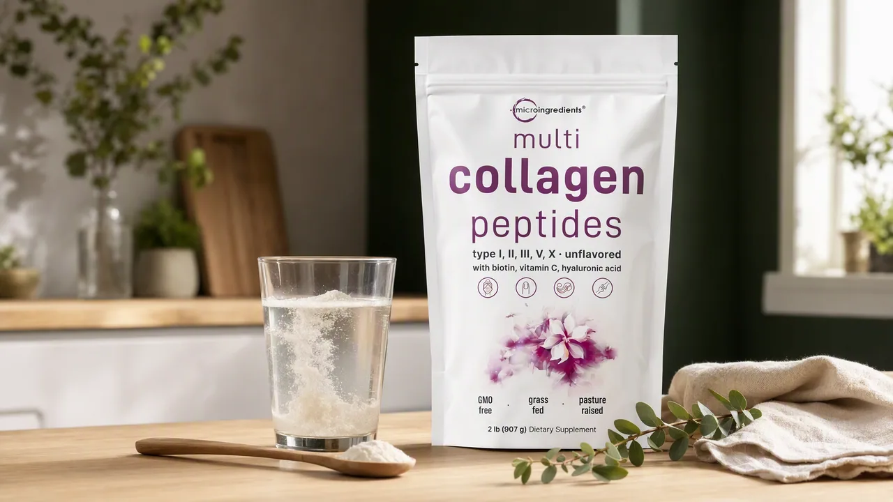 Colágeno hidrolizado en polvo sobre un mesón de cocina