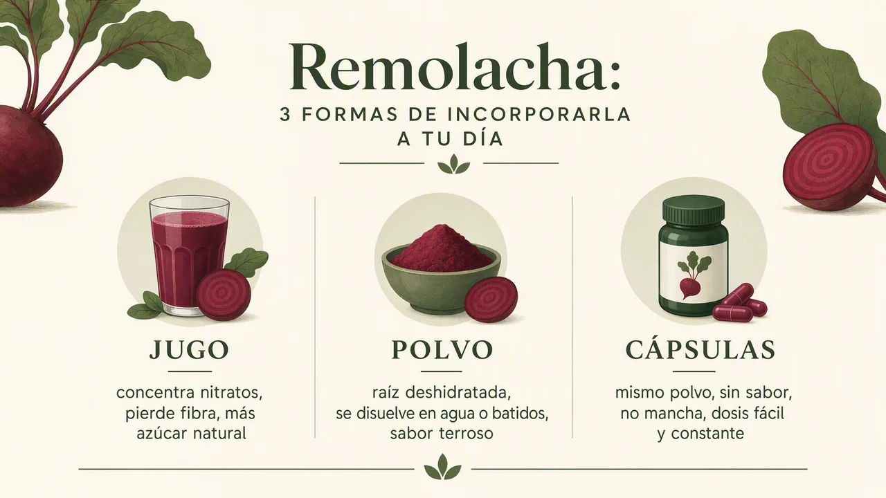 Jugo de remolacha, polvo y cápsulas: ¿cambia algo?