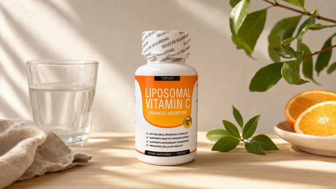 Vitamina C liposomal con naranjas y hojas verdes