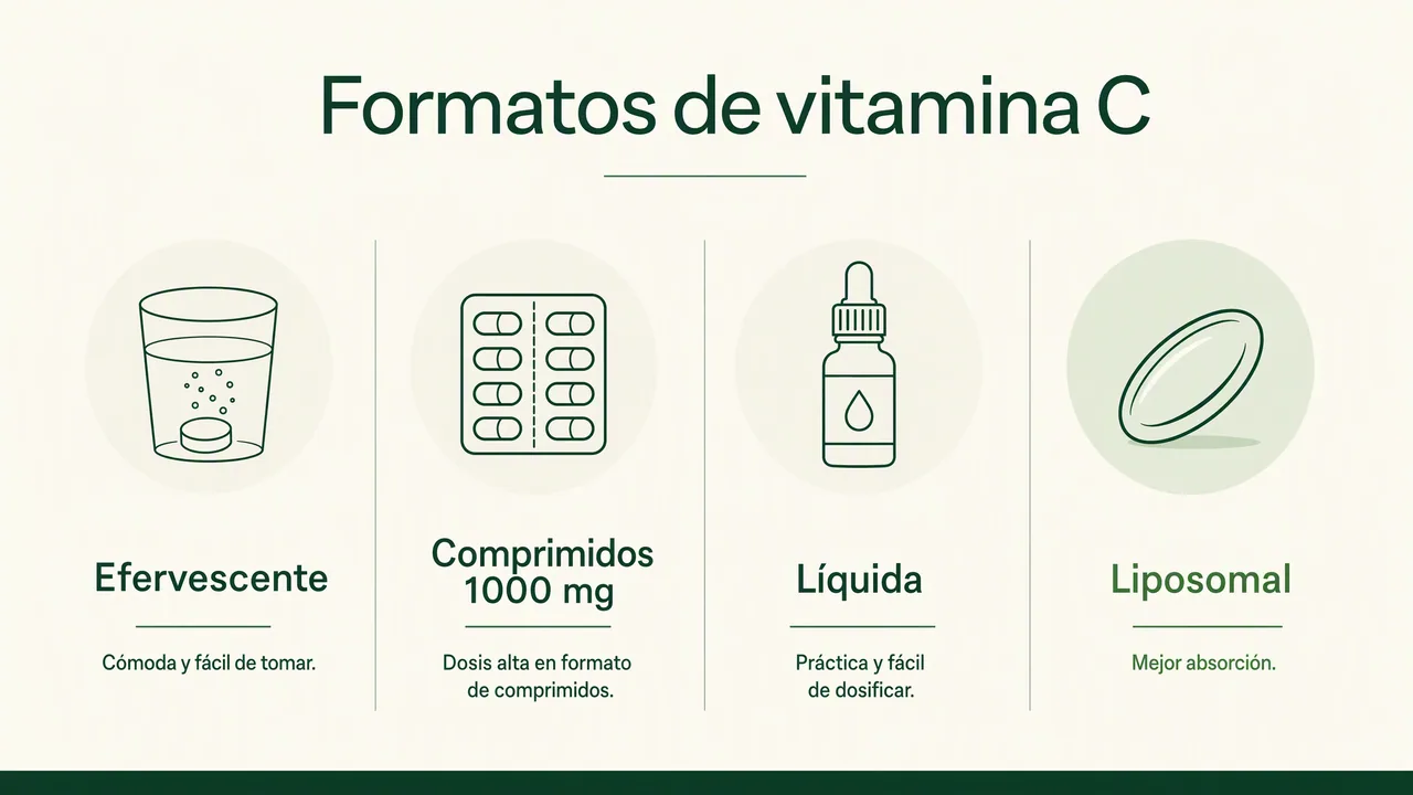 Formatos de vitamina C: liposomal, efervescente, 1000 mg y líquida